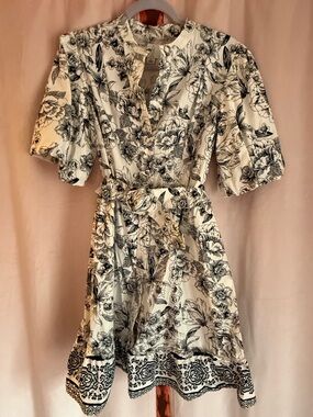 Joie Black and White Floral Mini Dress with Tie Waist